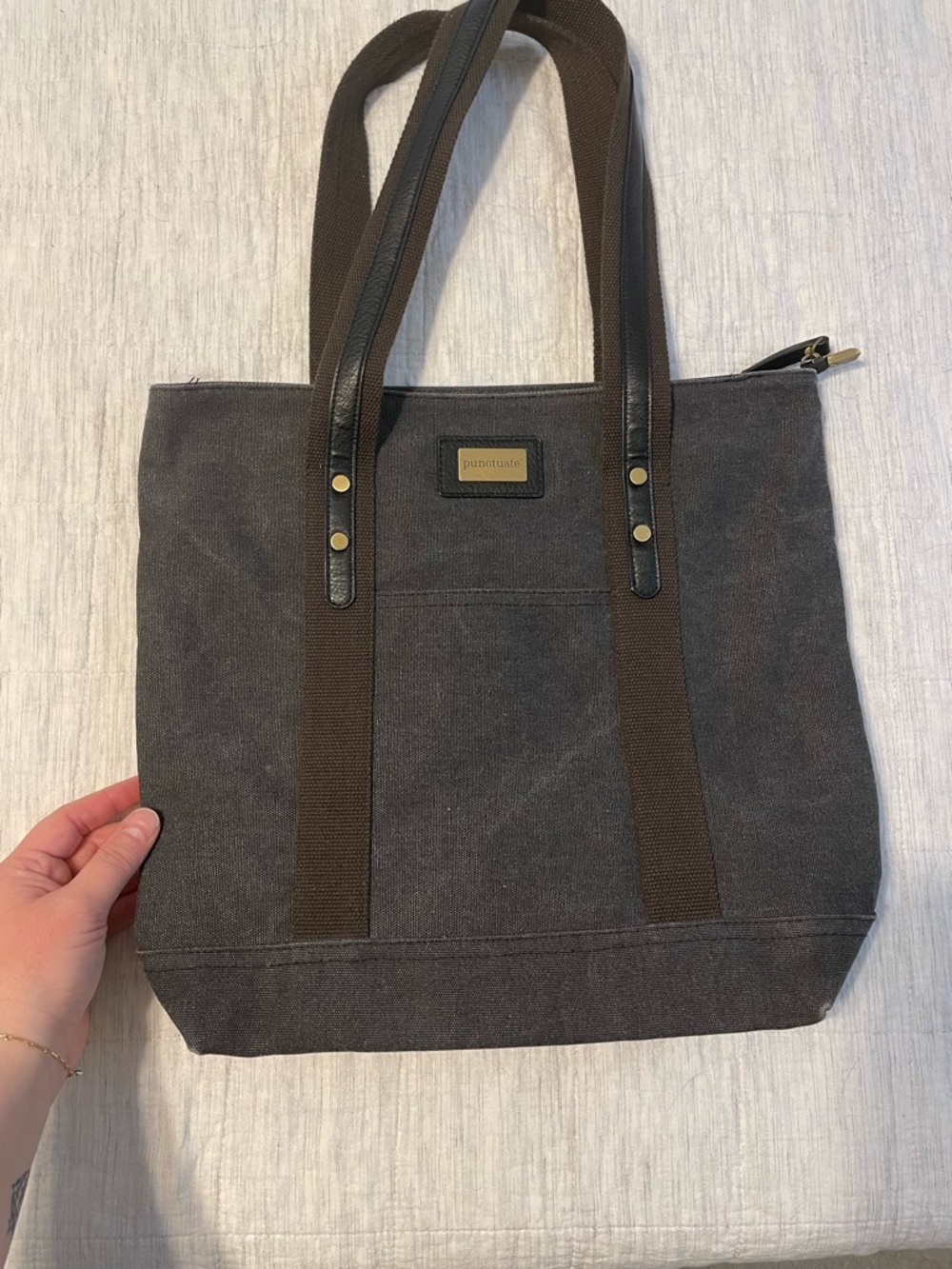 Punctuate Charcoal Canvas Tote with Brown Straps